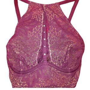 Victorias Secret Purple Halter Lace Pearl High Long Neck 32C Underwire Sheer Top